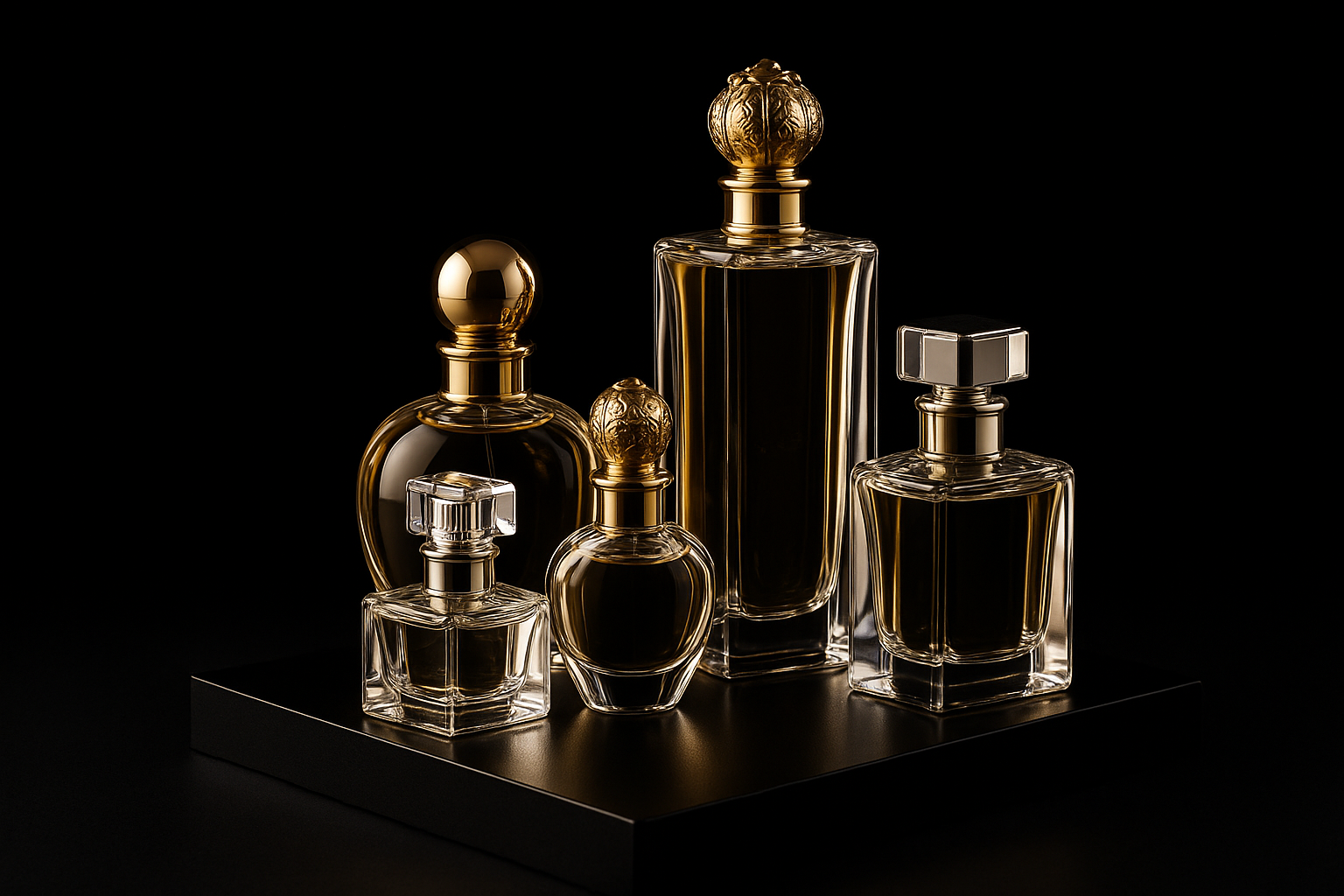 Una portada de el apartado de productos donde se vean varios perfumes juntos, todos encima de una plataforma y con el fondo negro